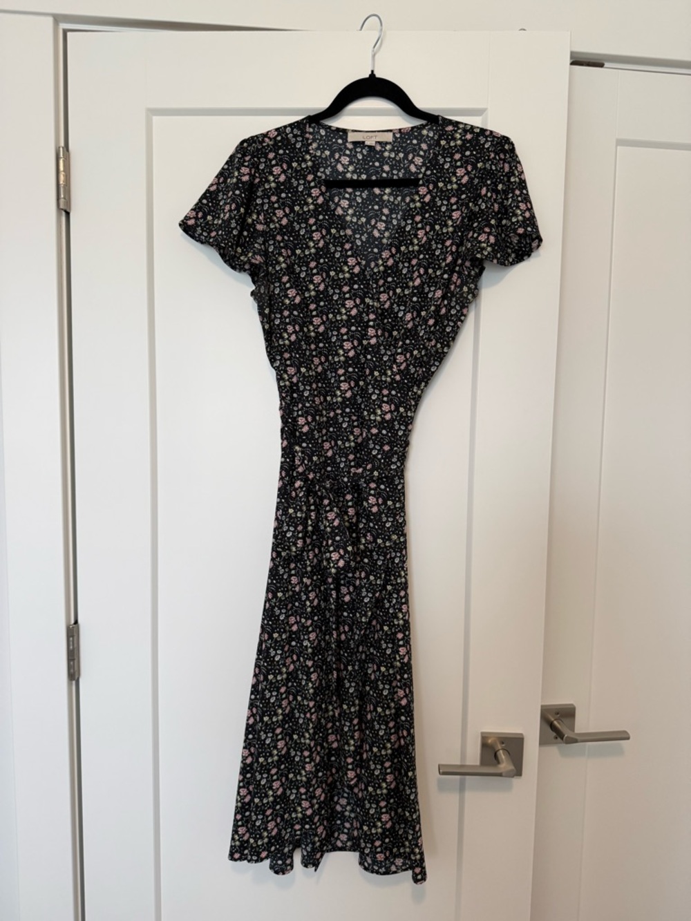 LOFT Black Wrap Dress with Pink and Green Floral Print